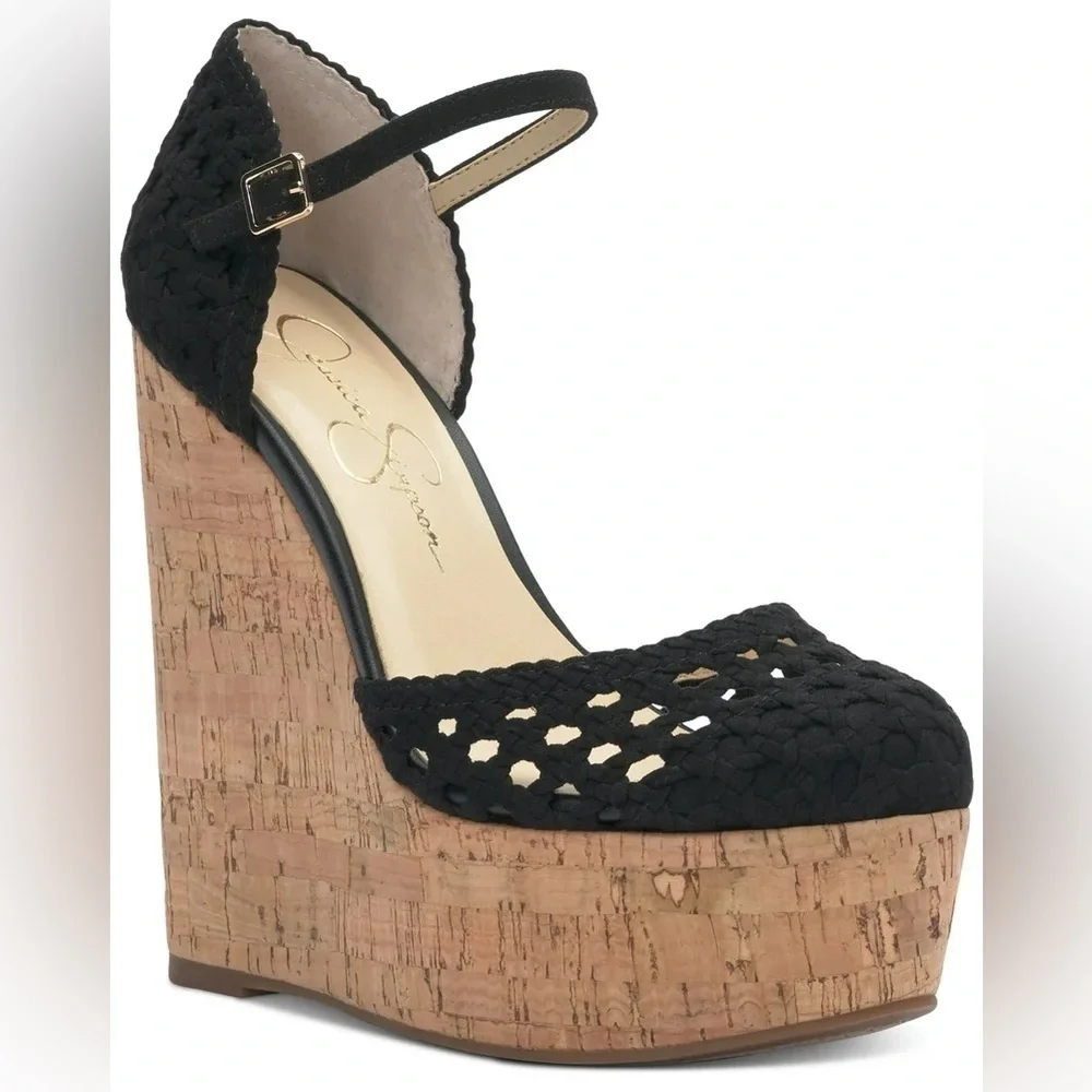 NEW! JESSICA SIMPSON Womens Black Marshela Cork Wedge Sandal 9.5📦